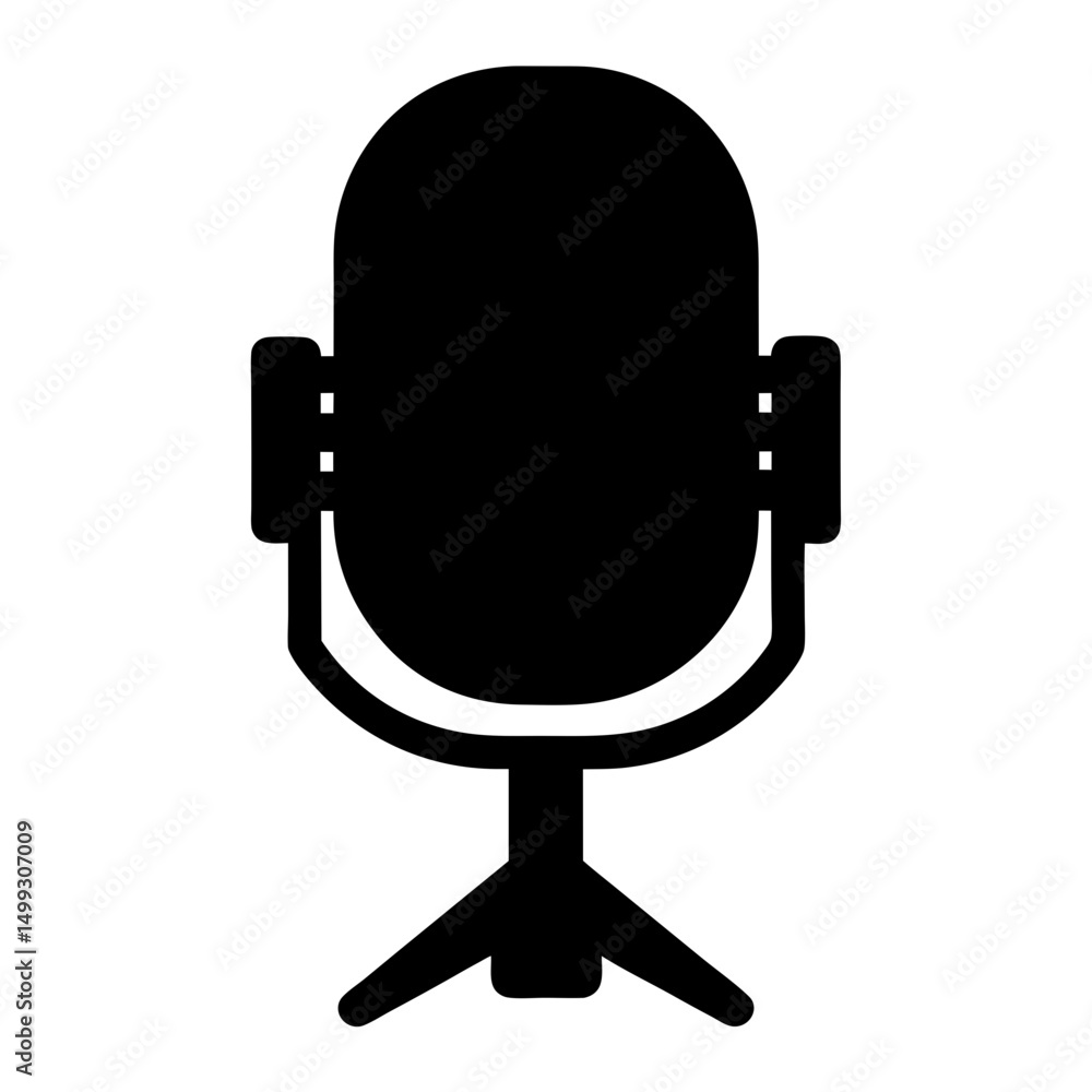 A sleek, modern studio microphone design in striking black silhouette isolated