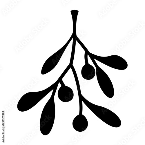 Simple artistic representation of mistletoe with berries and leaves in black