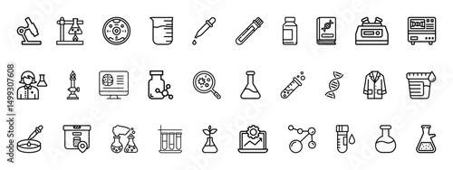 Laboratory related outline icon set. Lab, flask, microscope, syringe, pipette, molecule, sample, test tube, biology and more. Icons for scientific testing, research, websites and health app.