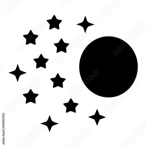 A stark depiction of a dark moon encircled by several glowing stars
