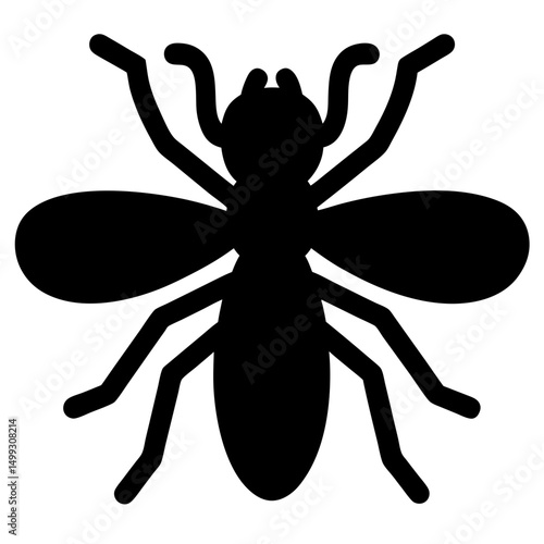 Minimalist black silhouette of a honeybee flying upwards with wings spread