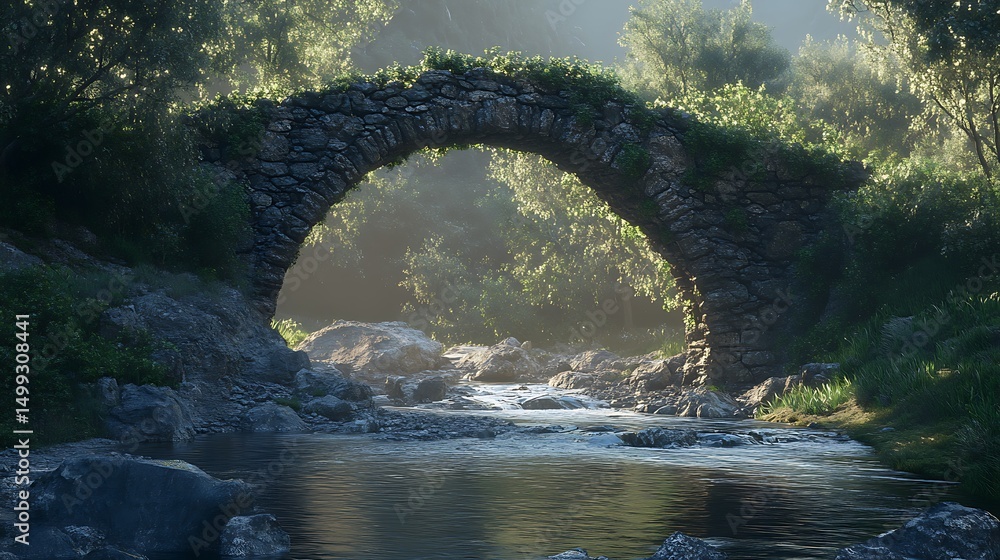 Fototapeta premium A serene stone bridge arches over a tranquil stream, surrounded by lush greenery and mist.