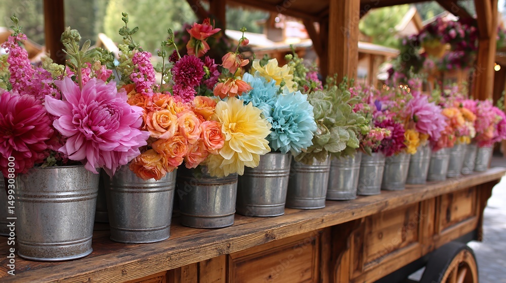 Obraz premium Flower Power: A colorful assortment of fresh-cut flowers displayed in a row of galvanized steel buckets adds charm and beauty to this rustic flower cart.