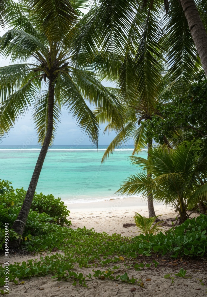 Obraz premium Tropical Beach Scene with Turquoise Water and Palm Trees
