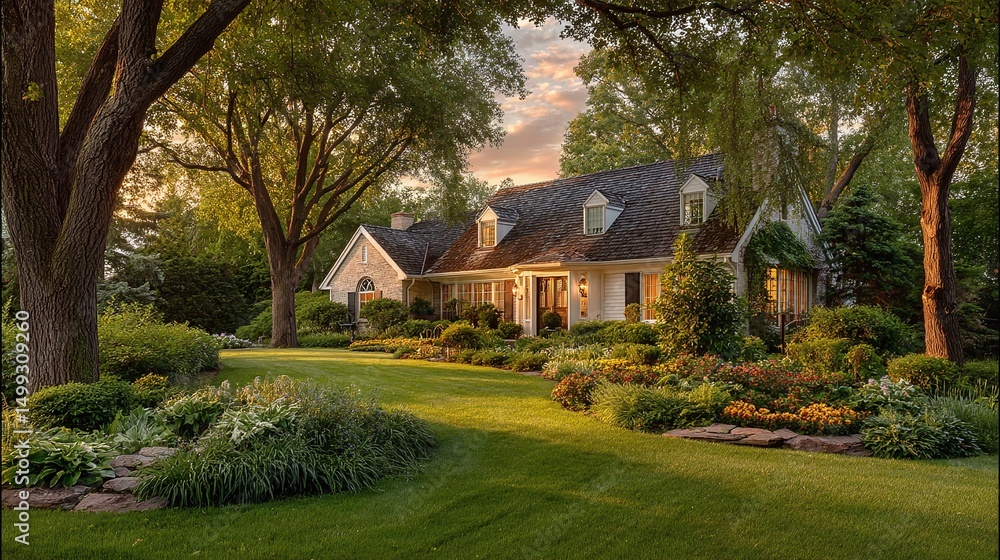 Fototapeta premium Idyllic Residence: A picturesque house nestled in lush greenery, exuding warmth and serenity. Manicured lawns and flowering gardens complete the inviting scene.