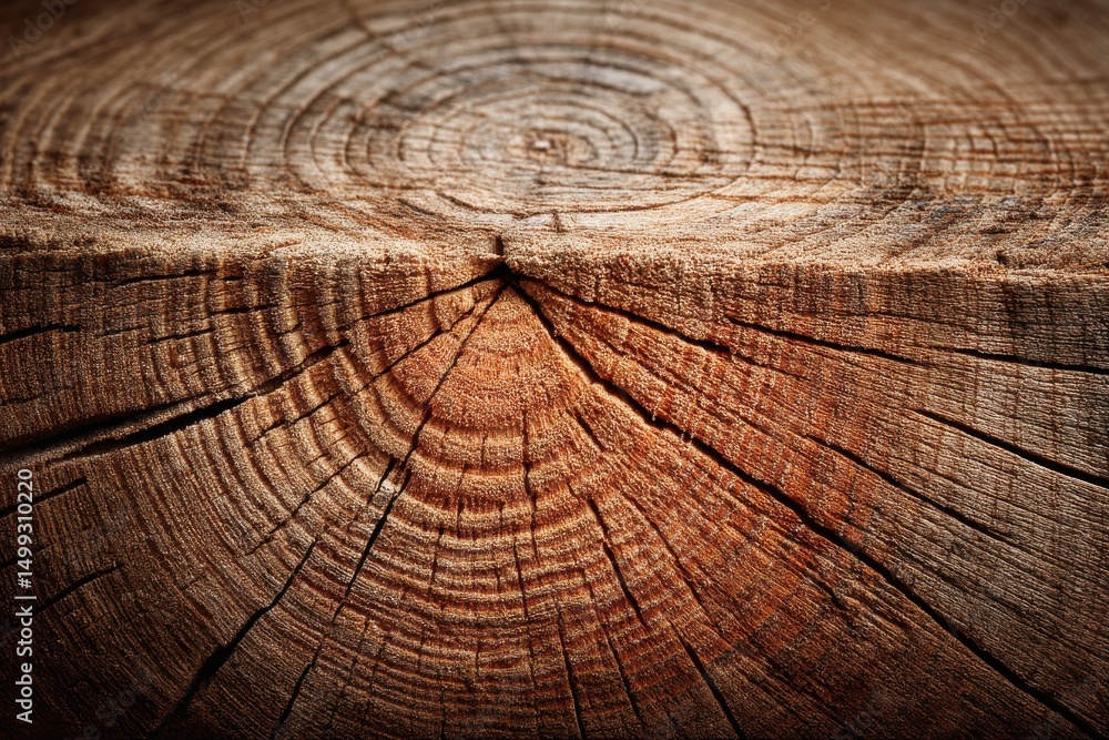 Fototapeta premium Detailed close-up view of a tree trunk showing age rings and wood grain texture, with intricate patterns and natural color variations, perfect for background use.