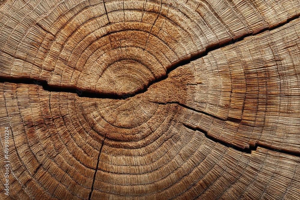 Fototapeta premium Close-up shot of a tree trunk cross section reveals concentric growth rings and cracks, showing the passage of time in this natural wooden texture, brown and tan tones.