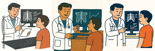 Collection of Male Doctor showing X-ray result to male patient style vector flat design