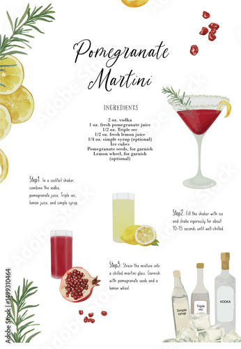 vector, cocktail recipe, Pomegranate Martini, cocktail card, bar menu, cocktail, drink menu, for cocktail book, cocktail menu, alcoholic drinks, beverage, watercolor, bar cocktails 