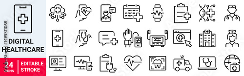 Digital healthcare and telemedicine web line icons. editable stroke. vector illustration. 