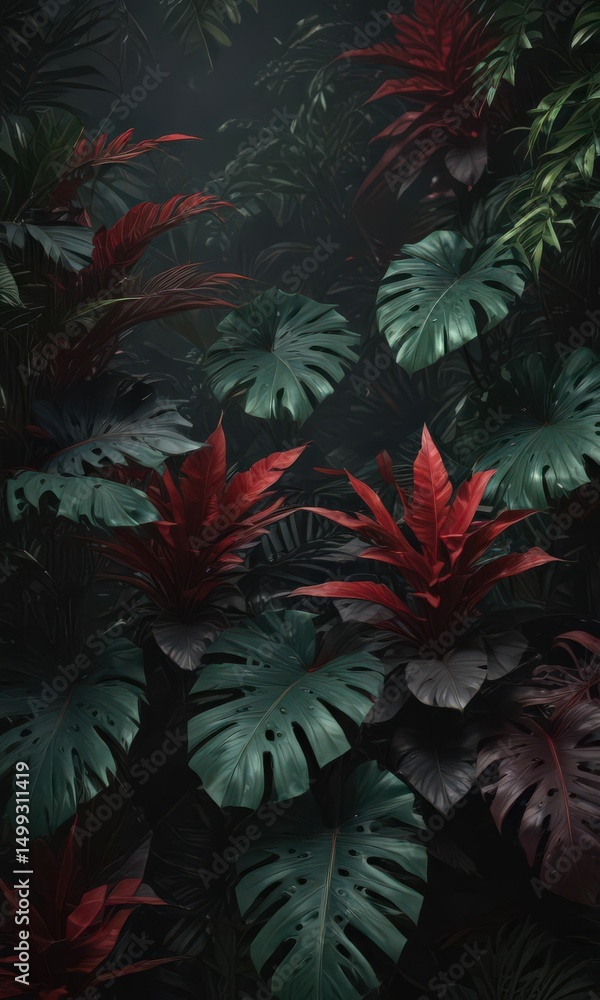 Luxurious dark tropical leaves, deep jungle greens & crimson accents Bold shadows , vibrant, design Luxurious dark tropical leaves, deep jungle greens & crimson accents Bold shadows , vibrant, design