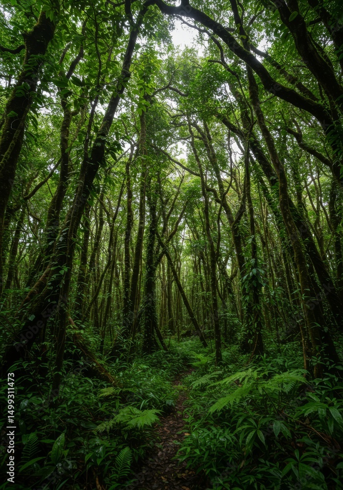 Lush Green Forest Path Sunlight Through Canopy Lush Green Forest Path Sunlight Through Canopy