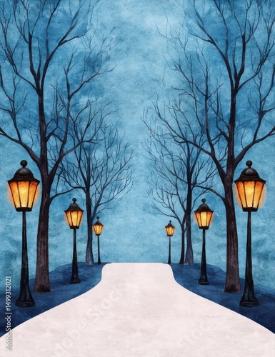 Dreamy forest path lined with vintage lanterns, watercolor trees and whimsical typewritten quotes