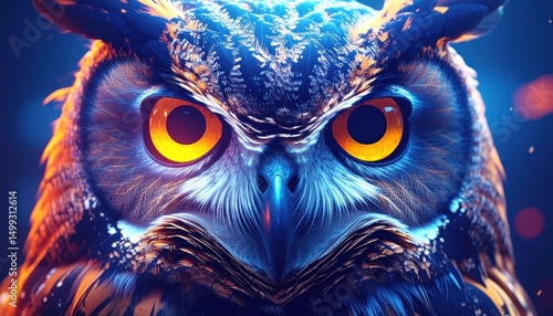 Mesmerizing owl portrait with glowing eyes and vibrant blue and orange plumage