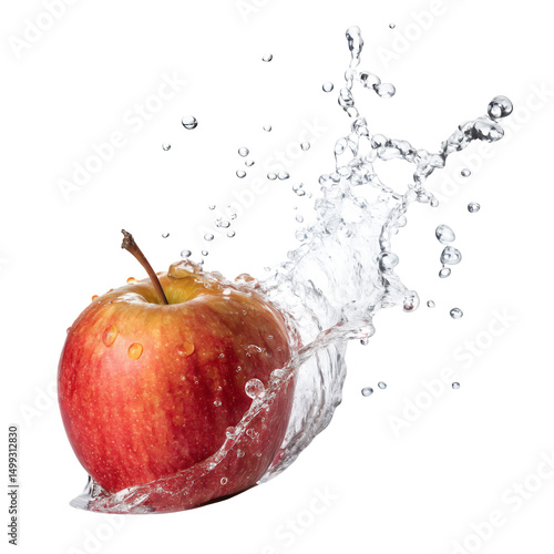 Red Apple Splash: A vibrant red apple, glistening with water droplets, bursts through a refreshing wave of clear water, creating a dynamic and appetizing visual.