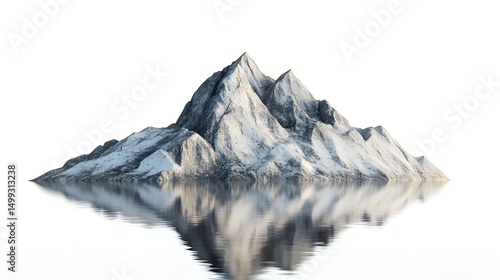 Mountain peak reflecting in water with a white background showing a natural landscape view