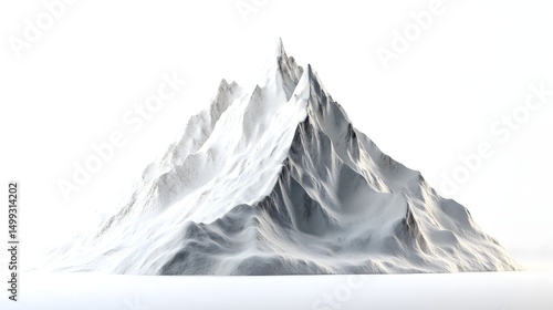 Isolated mountain range covered in snow with jagged peaks against a white background in a studio shot
