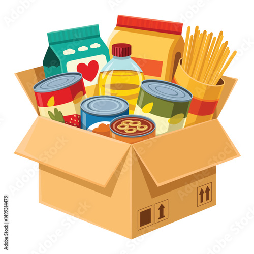 Donation Box Filled with Canned Goods and Food Staples
