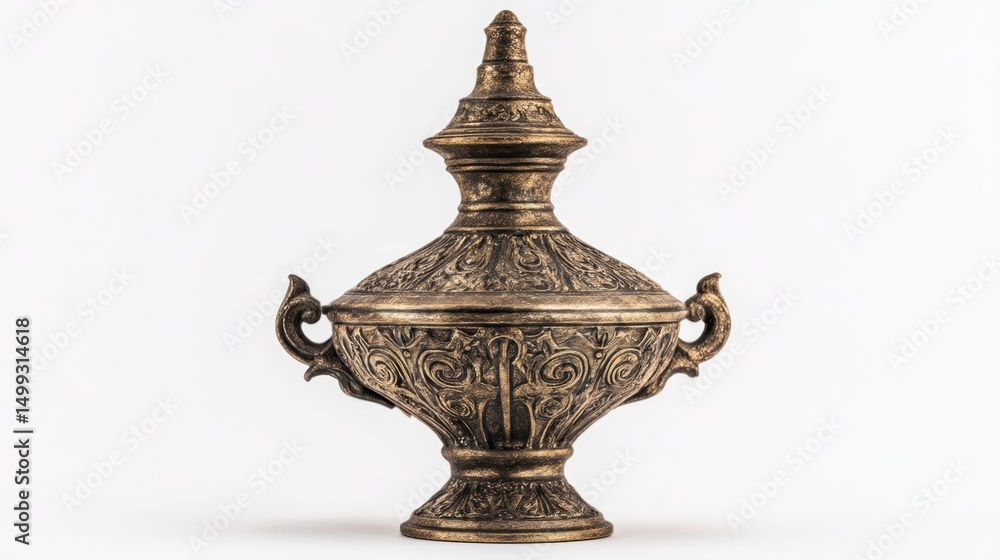 Fototapeta premium Elaborate antique golden urn with lid and handles against a white backdrop