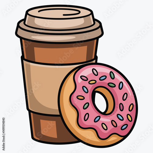 Cartoon Coffee Cup and Sprinkled Donut Illustration