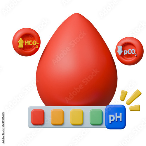 High bicarbonate and low pCO2 in blood indicate alkalosis with increased pH shown in colorful pH scale.
