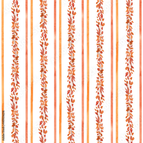 Geometric seamless pattern with orange branches and stripes. Vertical autumn design hand drawn with watercolor. Simple fall seamless tile for wallpaper, textile, fabric, packaging