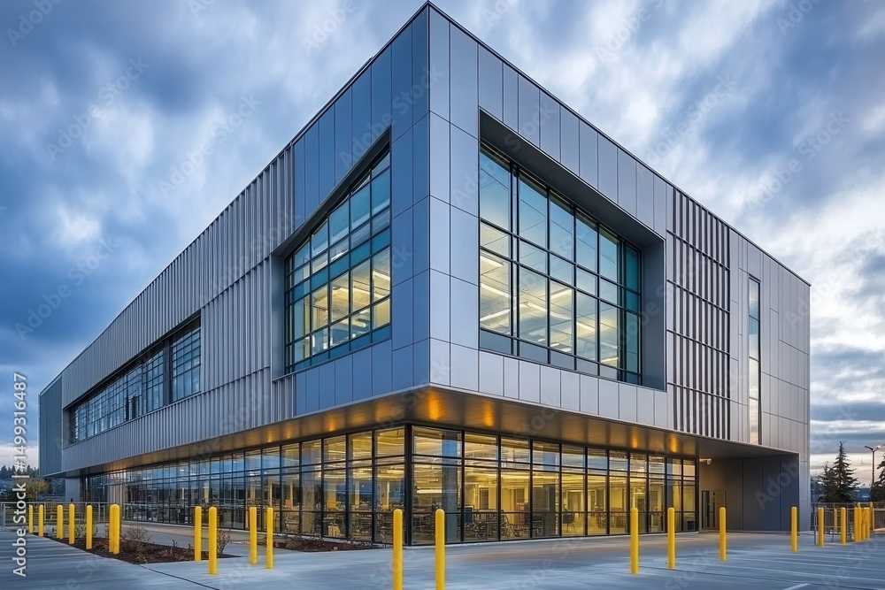 a photo of an industrial building with large windows and steel cladding, featuring gray color scheme a photo of an industrial building with large windows and steel cladding, featuring gray color scheme