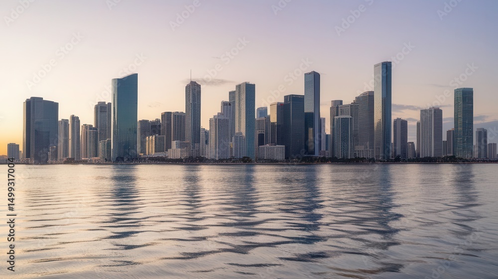 Fototapeta premium Cityscape at sunset reflecting on calm waters a mesmerizing modern panorama