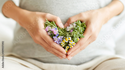 Young pregnant woman holding in hands a heart made of medicinal herbs in front of her belly. Pregnancy reproductive health