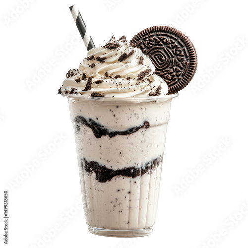 A plastic cup filled with an oreo milkshake topped with whipped cream and an oreo cookie and a straw