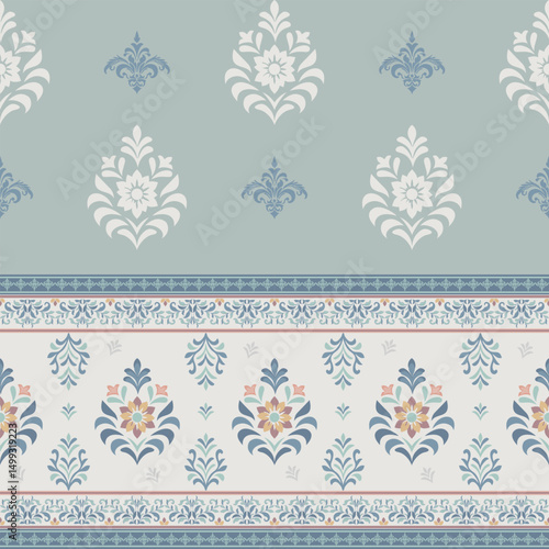 Elegant vintage damask floral pattern in soft blue and ivory tones, with alternating sections and intricate decorative borders.