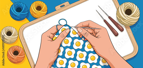 Close Up Hands Embroidery Sunny Side Up Eggs Pattern