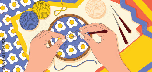 Hands Embroidery Sunny Side Up Eggs on Blue Fabric