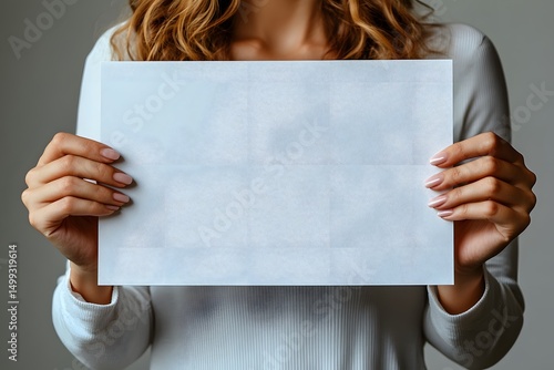 Woman holding a blank textured white paper in front of her chest