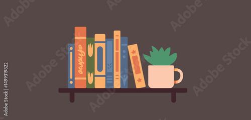 Bookshelf Decor with Books Plant and Mug