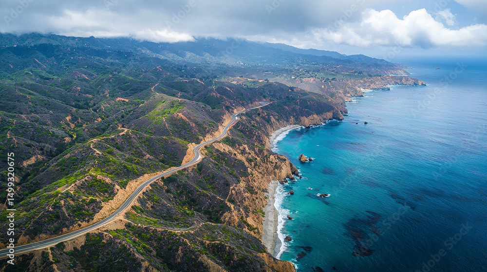 Obraz premium An awe-inspiring aerial view of a winding road cutting through mountains or a coastal landscape, depicting nature's grandeur