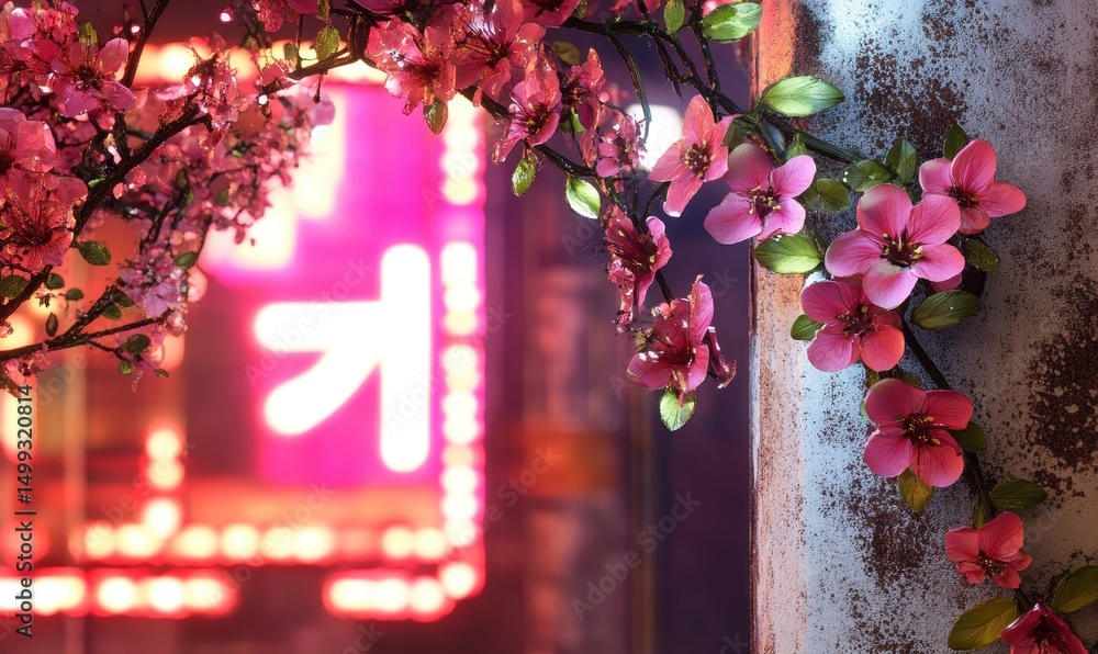 Naklejka premium Kwitnące wiśnie na tle neonów