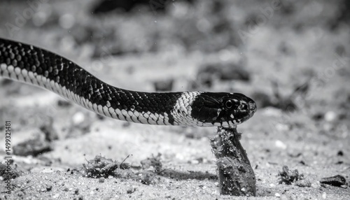 Monochromatic portrait of a banded snake slithering over arid ground surface