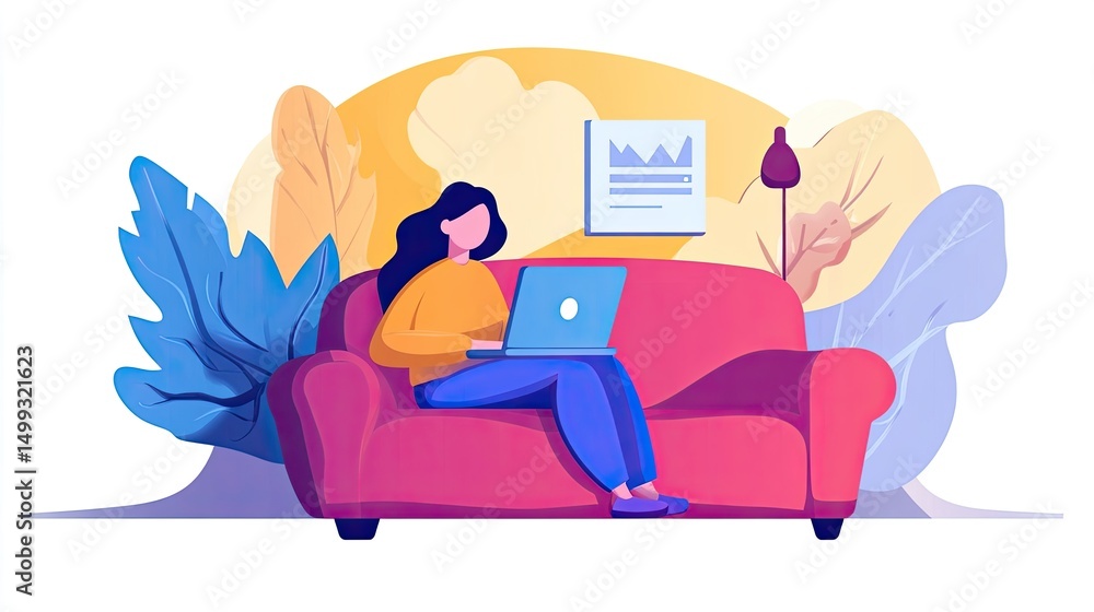Obraz premium Woman working online with laptop on couch