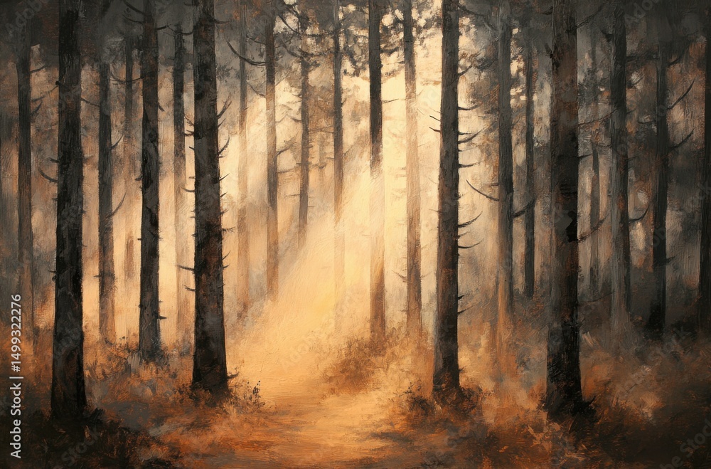 Obraz premium Warm sun rays filtering through tall trees in a quiet forest path