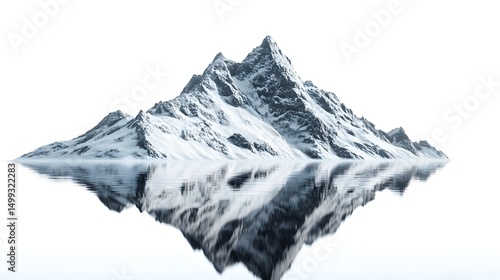Snowy mountain peak reflecting in water against a white background in a minimalist landscape view
