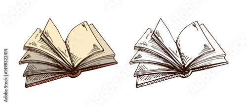 Hand drawn vintage sketch of open book with flipping blank pages in brown ink, color and monochrome set