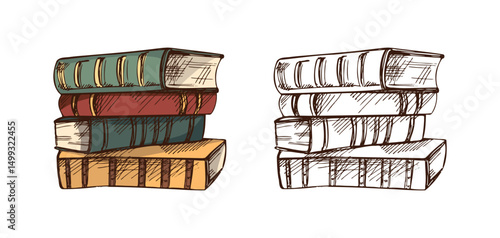 Hand drawn vintage sketch of stacked closed books in colorful and monochrome engraving style, isolated vector illustration