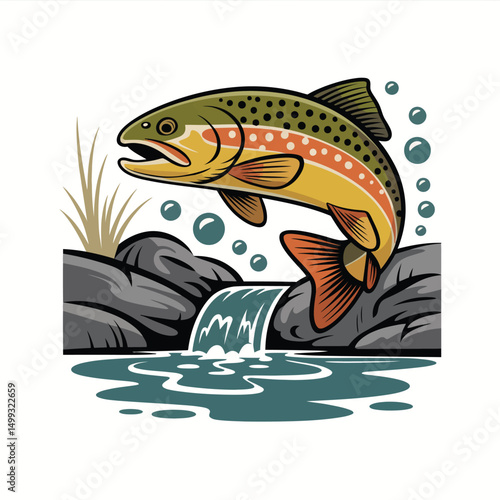 Rainbow Trout Jumping Waterfall River Fish Illustration