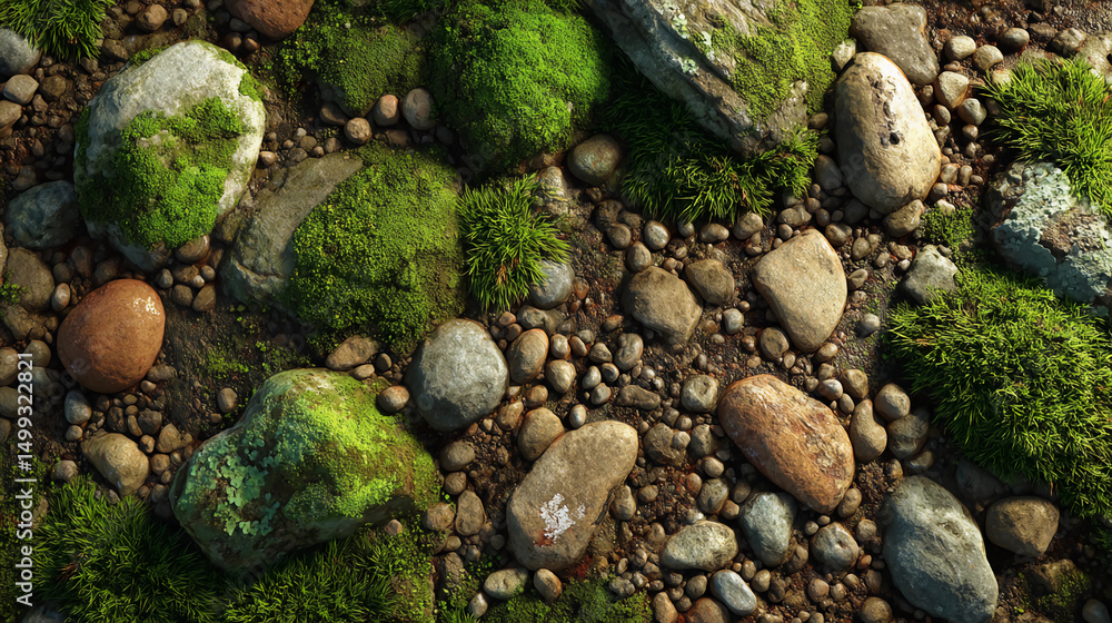 Textured nature ground with green moss, pebbles, earthy tones, realistic detail Textured nature ground with green moss, pebbles, earthy tones, realistic detail