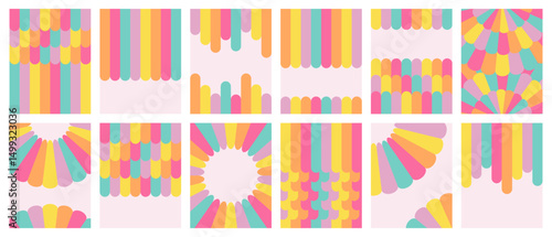 Big set of groovy comic ice cream, сhildren's birthday 
vertical background, frame, textbox in retro style, postcard with hand drawn colored rainbow striped. Flat abstract texture. Vector EPS10	
