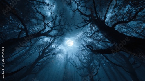 Fototapeta Naklejka Na Ścianę i Meble -  A High Resolution image of magical forest with scary crooked black trees and moon at night, dark spooky woods. Cinematic landscape in strange fairy tale world. Concept of fantasy.