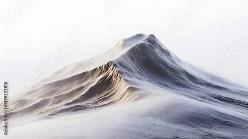 A mountain range with a peak covered in fog and mist in a minimalist style landscape view