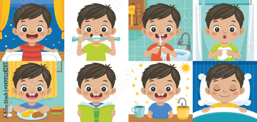 Daily Routine of a Cute Young Boy Child Illustration