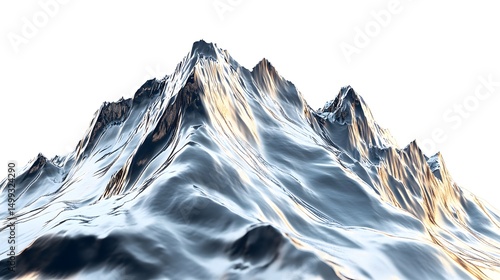 A digitally rendered mountain range with metallic sheen against a stark white background landscape